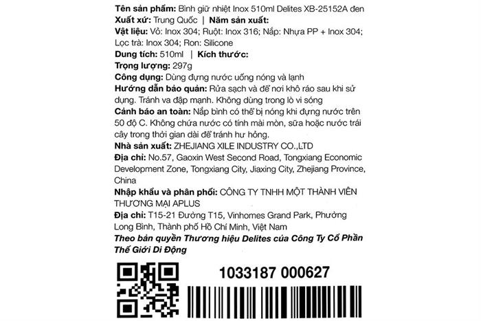 Bình giữ nhiệt Inox 510ml Delites XB-25152A Đen Màu Đen