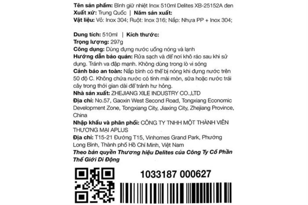 Bình giữ nhiệt Inox 510ml Delites XB-25152A Đen Màu Đen