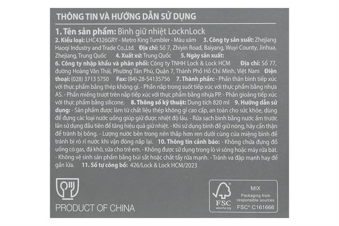 Bình giữ nhiệt Inox 820 ml Metro King Tumbler Lock&Lock LHC4326GRY Màu Xám
