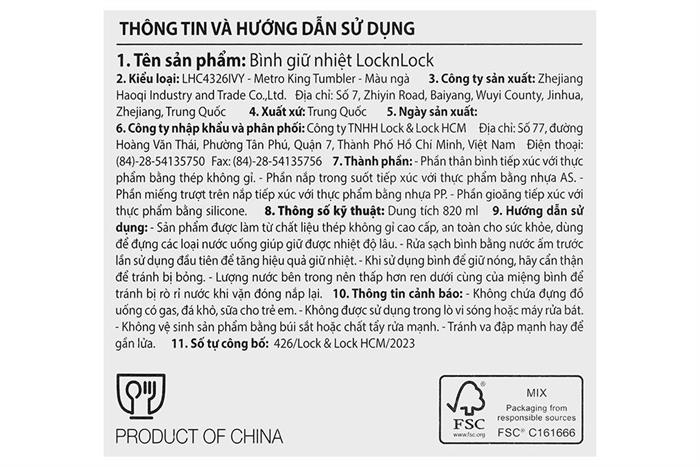 Bình giữ nhiệt Inox 820 ml Metro King Tumbler Lock&Lock LHC4326IVY Màu Trắng