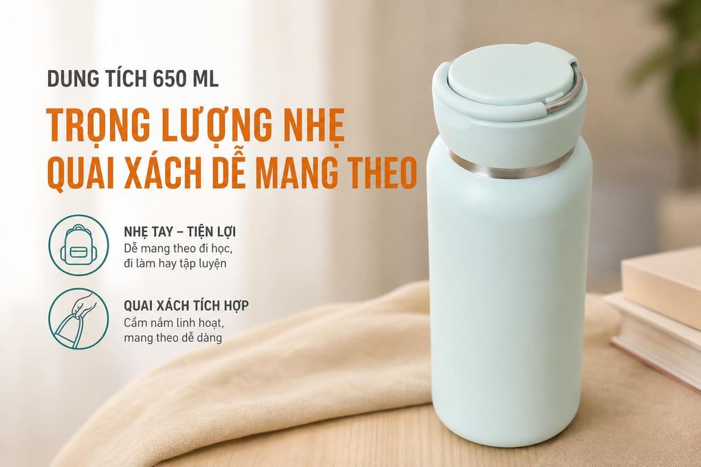 Bình giữ nhiệt Inox 650ml Sling Ring Tumbler Lock&Lock LHC4321MIT Màu Xanh Bạc Hà