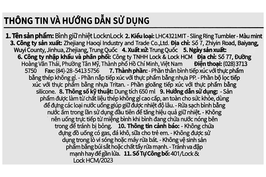 Bình giữ nhiệt Inox 650ml Sling Ring Tumbler Lock&Lock LHC4321MIT Màu Xanh Bạc Hà