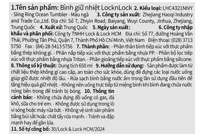 Bình giữ nhiệt Inox 650ml Sling Ring Tumbler Lock&Lock LHC4321NIVY Màu Trắng - Xanh