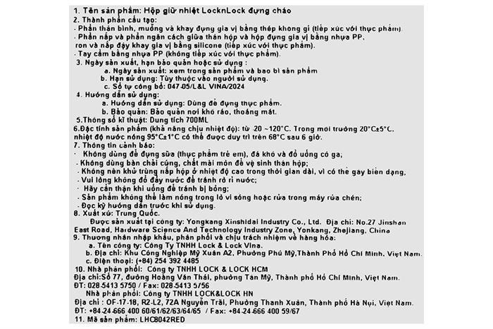 Hộp cơm giữ nhiệt Inox 700ml Lock&Lock HC8042RED Màu Đỏ