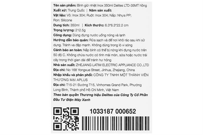 Bình giữ nhiệt Inox 350ml Delites LTD-35MT Màu Hồng