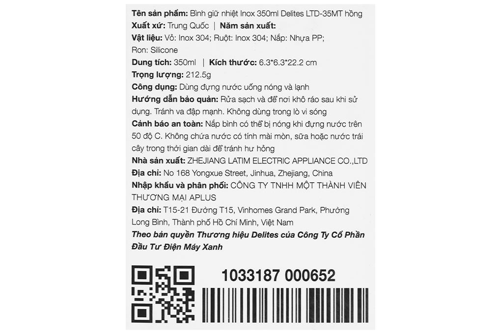 Bình giữ nhiệt Inox 350ml Delites LTD-35MT Màu Hồng