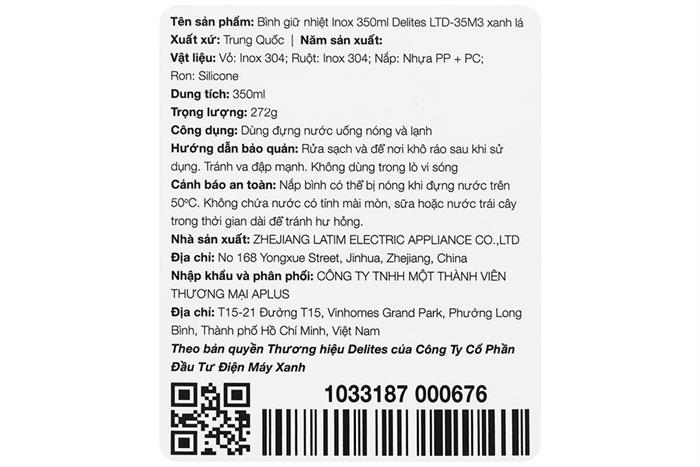 Bình giữ nhiệt Inox 350ml Delites LTD-35M3 Màu Xanh lá