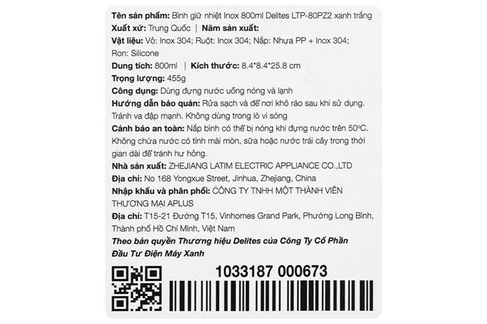 Bình giữ nhiệt Inox 800ml Delites LTP-80PZ2 Màu Trắng - Xanh