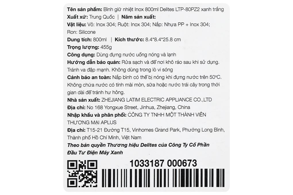 Bình giữ nhiệt Inox 800ml Delites LTP-80PZ2 Màu Trắng - Xanh