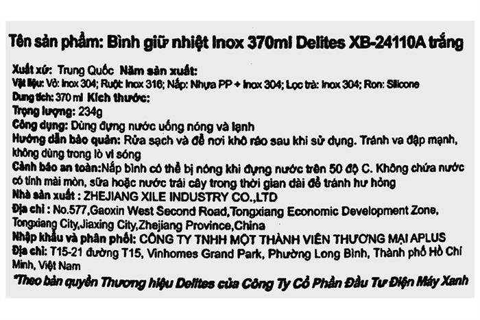 Bình giữ nhiệt Inox 370 ml Delites XB-24110A Màu Trắng