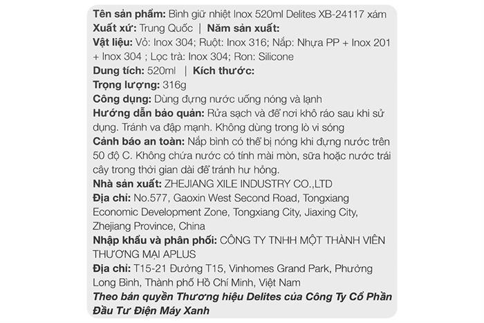 Bình giữ nhiệt Inox 520 ml Delites XB-24117 Màu Xám