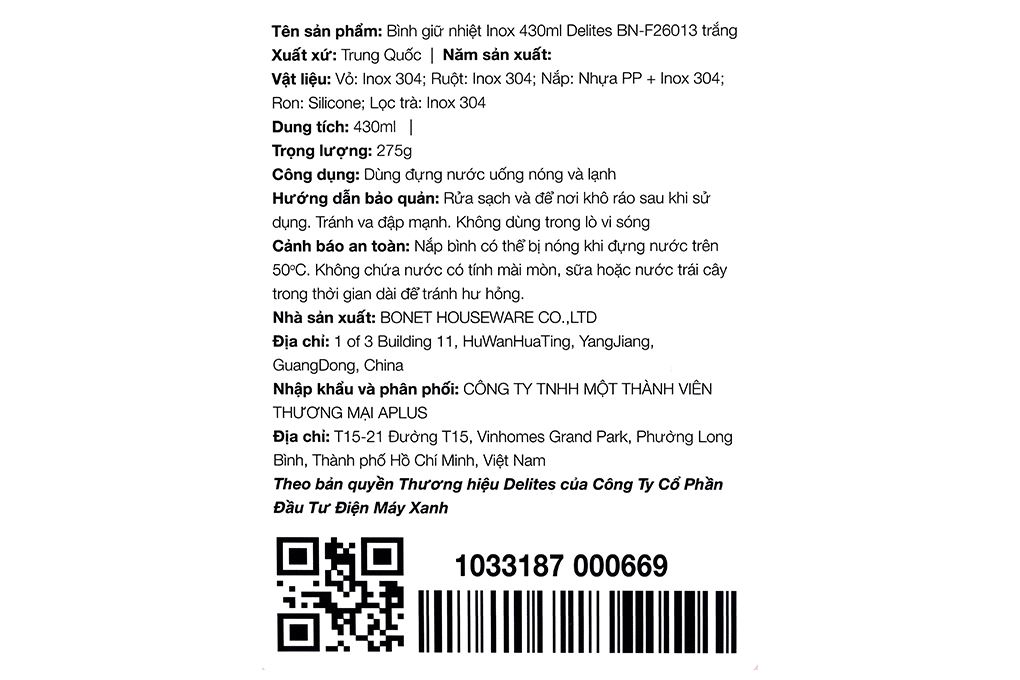 Bình giữ nhiệt Inox 430 ml Delites BN-F26013 Màu Trắng