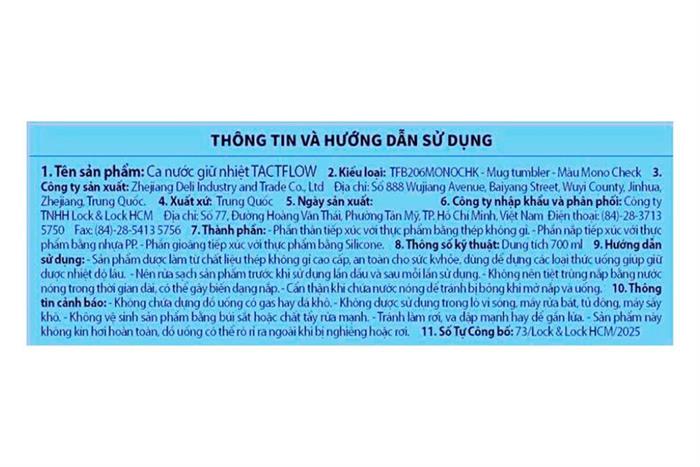 Ly giữ nhiệt Inox 700 ml Tactflow TFB206MONOCHK Màu Trắng