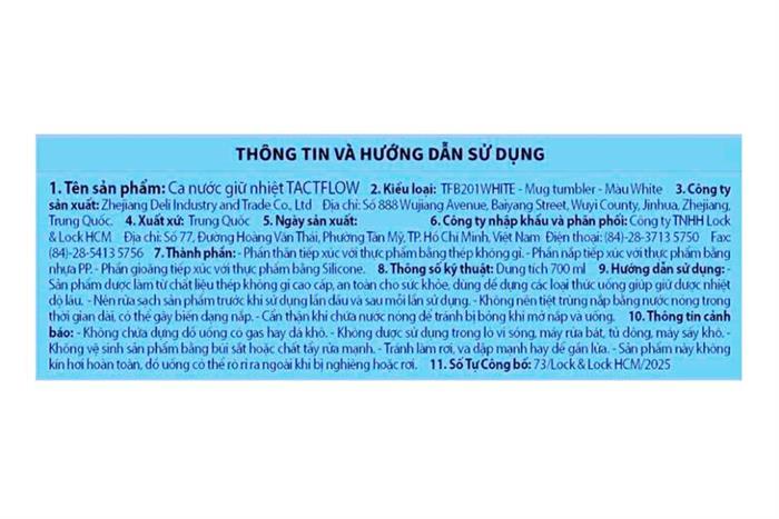Ly giữ nhiệt Inox 700 ml Tactflow TFB201WHITE Màu Trắng