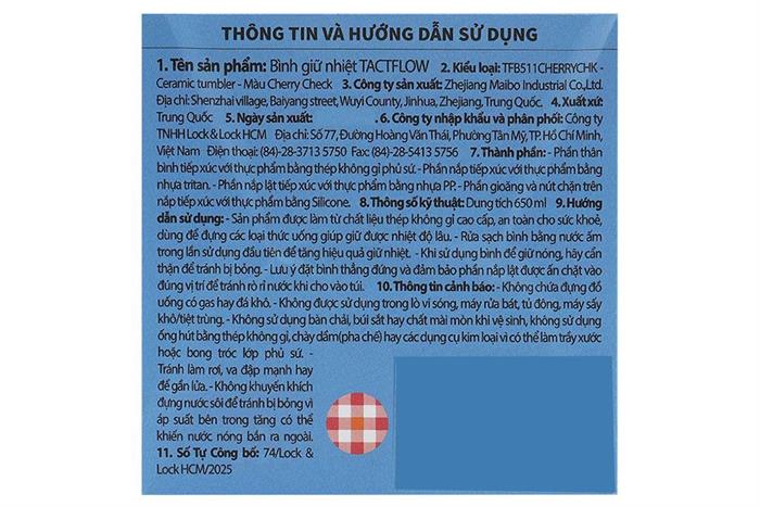 Ly giữ nhiệt Inox 650 ml Tactflow TFB511CHERRYCHK Màu Đỏ