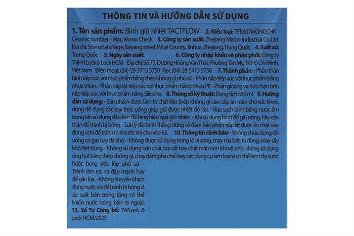 Ly giữ nhiệt Inox 650 ml Tactflow TFB507MONOCHK Màu Trắng