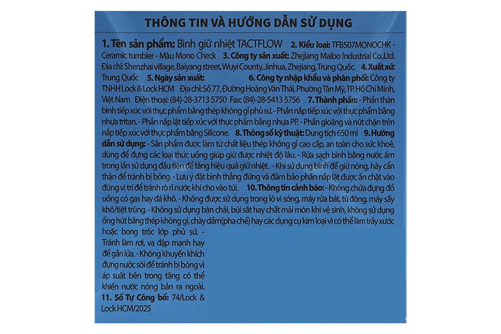 Ly giữ nhiệt Inox 650 ml Tactflow TFB507MONOCHK Màu Trắng