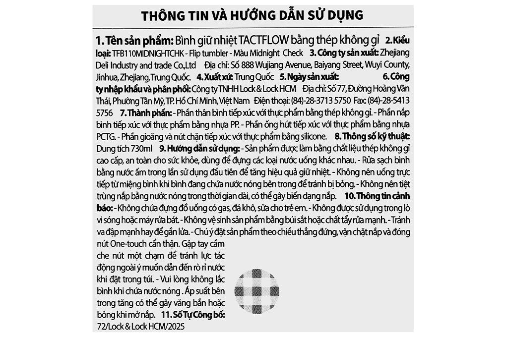 Bình giữ nhiệt Inox 730 ml Tactflow TFB110MIDNIGHTCHK Màu Xanh Dương