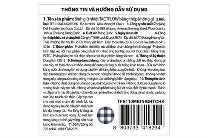 Bình giữ nhiệt Inox 730 ml Tactflow TFB110MIDNIGHTCHK Màu Xanh Dương