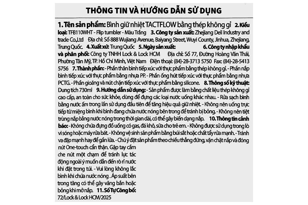 Bình giữ nhiệt Inox 730 ml Tactflow TFB110WHT Màu Trắng