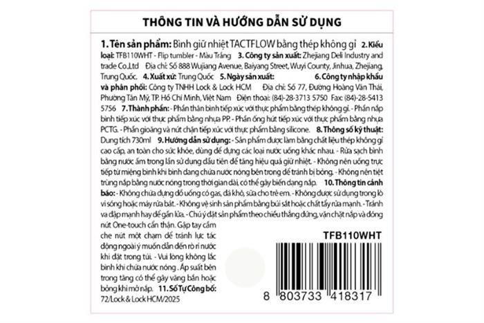 Bình giữ nhiệt Inox 730 ml Tactflow TFB110WHT Màu Trắng