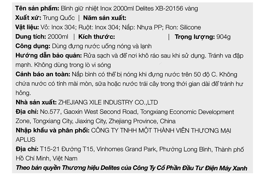 Bình giữ nhiệt inox 2000 ml Delites XB-20156 - Vàng Màu Vàng