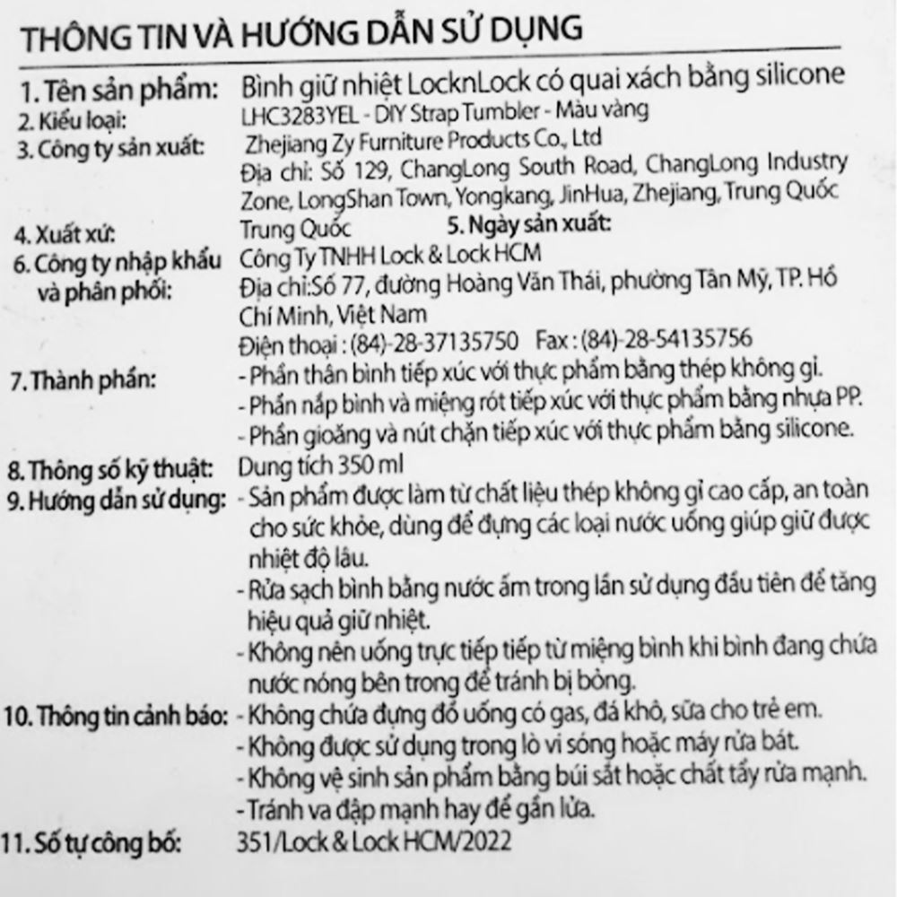 Bình giữ nhiệt Inox 350 ml Lock&Lock LHC3283YEL Màu Vàng nhạt