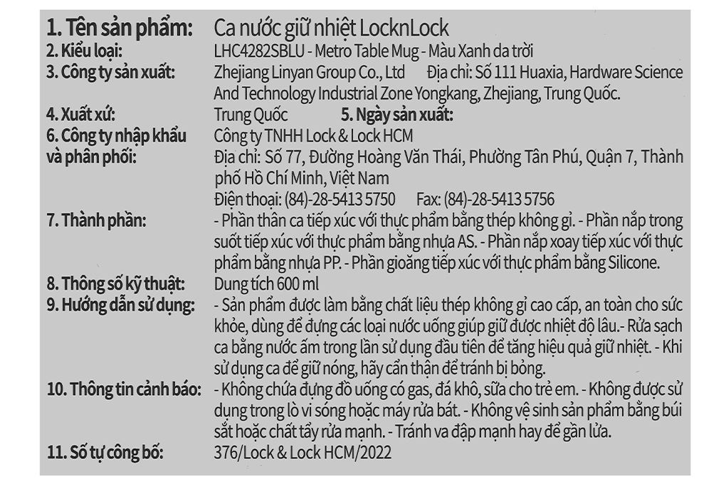 Bình giữ nhiệt Inox 600 ml Lock&Lock LHC4282SBLU Màu Xanh Da Trời