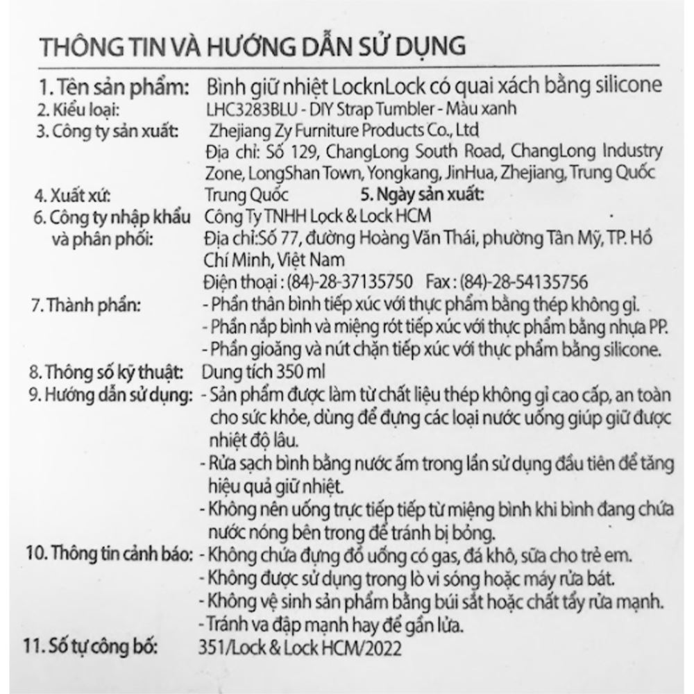 Bình giữ nhiệt Inox 350 ml Lock&Lock LHC3283BLU Màu Xanh Dương