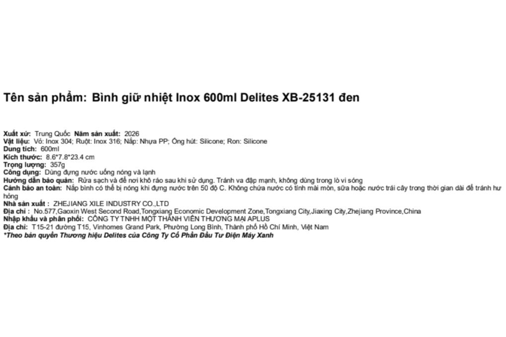 Bình giữ nhiệt Inox 600 ml Delites XB-25131 Màu Đen
