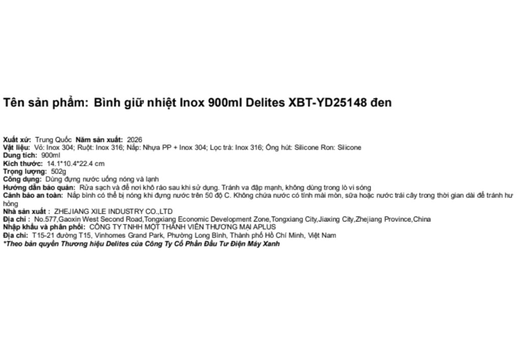 Bình giữ nhiệt Inox 900 ml Delites XBT-YD25148 Màu Đen