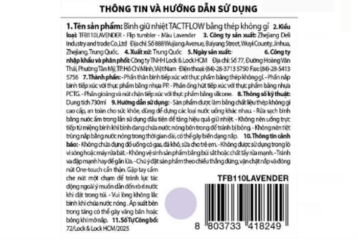 Bình giữ nhiệt Inox 730 ml Tactflow TFB110LAVENDER Flip tumbler Màu Tím Lavender