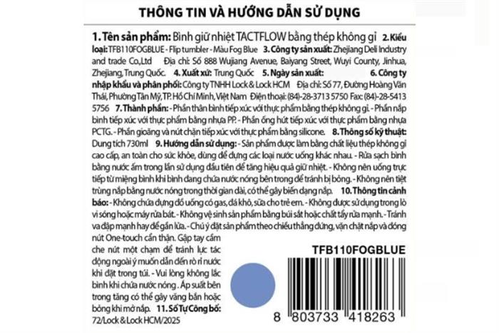 Bình giữ nhiệt Inox 730 ml Tactflow TFB110FOGBLUE Flip tumbler Màu Xanh Lam Nhạt