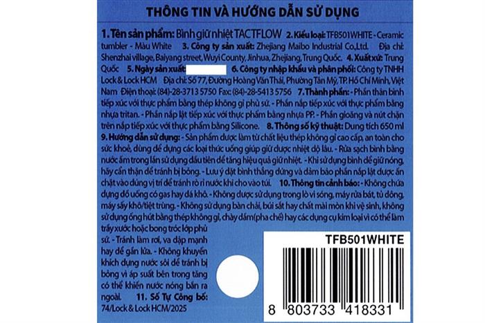 Ly giữ nhiệt Ceramic tumbler 650ml TACTFLOW TFB501WHITE Màu Trắng