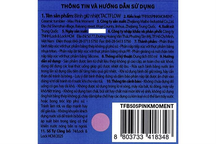 Ly giữ nhiệt Ceramic tumbler 650 ml TACTFLOW TFB505PINKMOMENT Màu Hồng