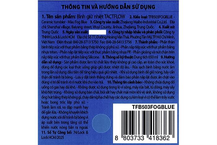 Ly giữ nhiệt Ceramic tumbler 650 ml TACTFLOW TFB503FOGBLUE Màu Xanh Lam Nhạt