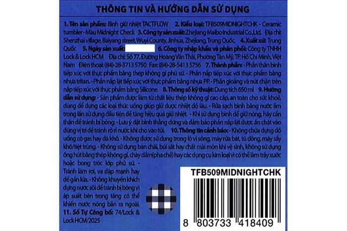 Bình giữ nhiệt Ceramic tumbler 650ml TACTFLOW TFB509MIDNIGHTCHK Màu Xanh Navy
