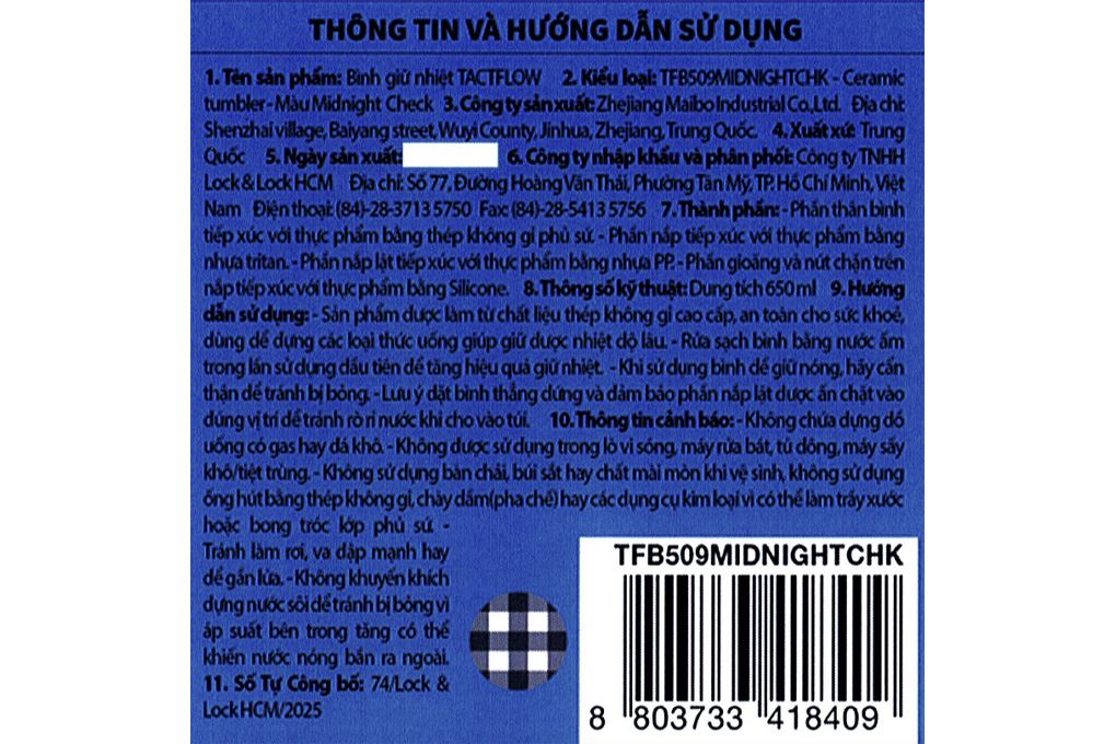 Bình giữ nhiệt Ceramic tumbler 650ml TACTFLOW TFB509MIDNIGHTCHK Màu Xanh Navy