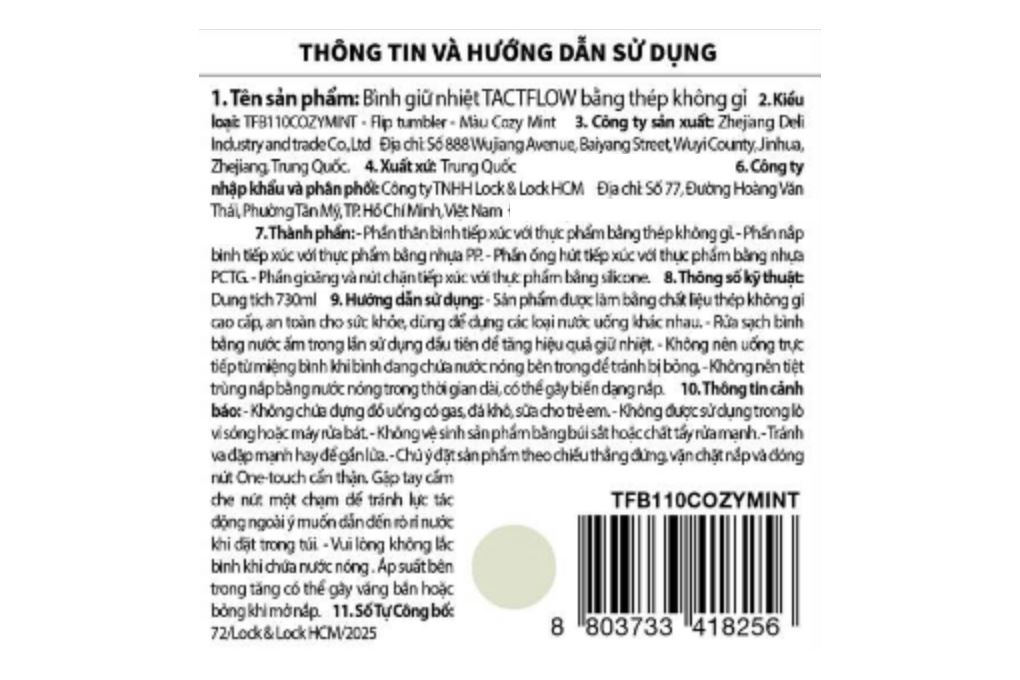 Bình nước giữ nhiệt inox 730 ml TACTFLOW TFB110COZYMINT Màu Xanh mint