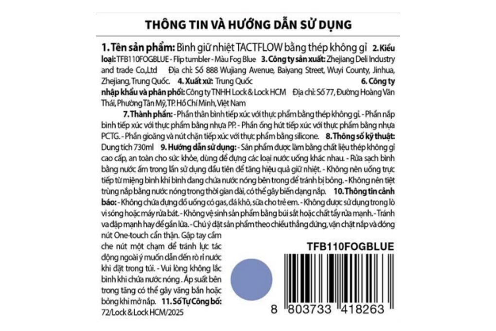 Bình nước giữ nhiệt inox 730 ml TACTFLOW TFB110FOGBLUE Màu Xanh Lam Nhạt