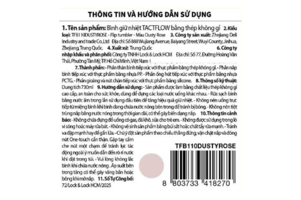 Bình nước giữ nhiệt inox 730 ml TACTFLOW TFB110DUSTYROSE Màu Hồng đất