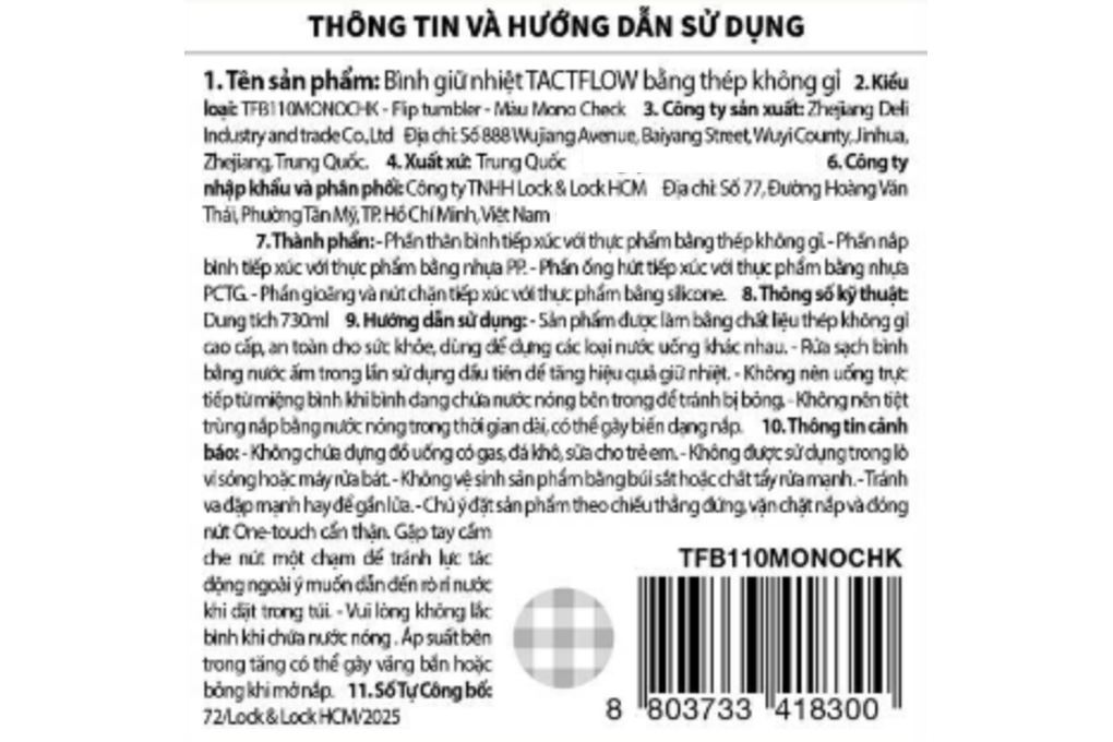 Bình nước giữ nhiệt inox 730 ml TACTFLOW TFB110MONOCHK Màu Đen/Trắng