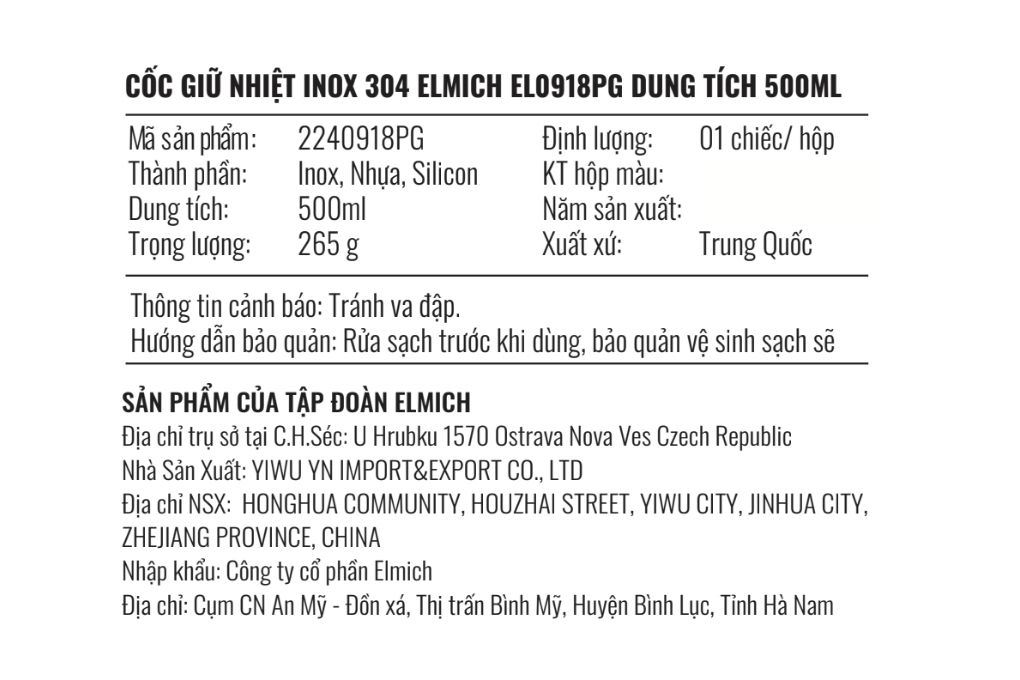 Bình giữ nhiệt Inox 500 ml Elmich EL0918PG Màu Xanh lá