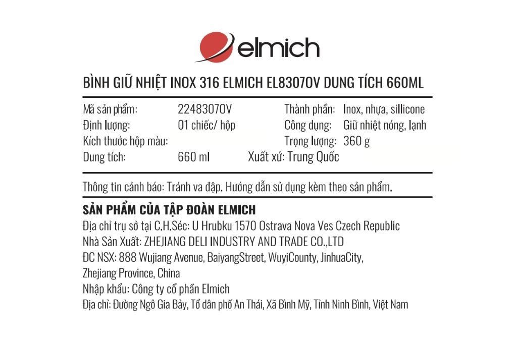 Bình giữ nhiệt Inox 650 ml Elmich EL8307OV Màu Xanh Oliu