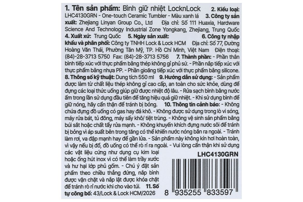 Ly giữ nhiệt Inox 550 ml Lock&Lock LHC4130GRN Màu Xanh lá