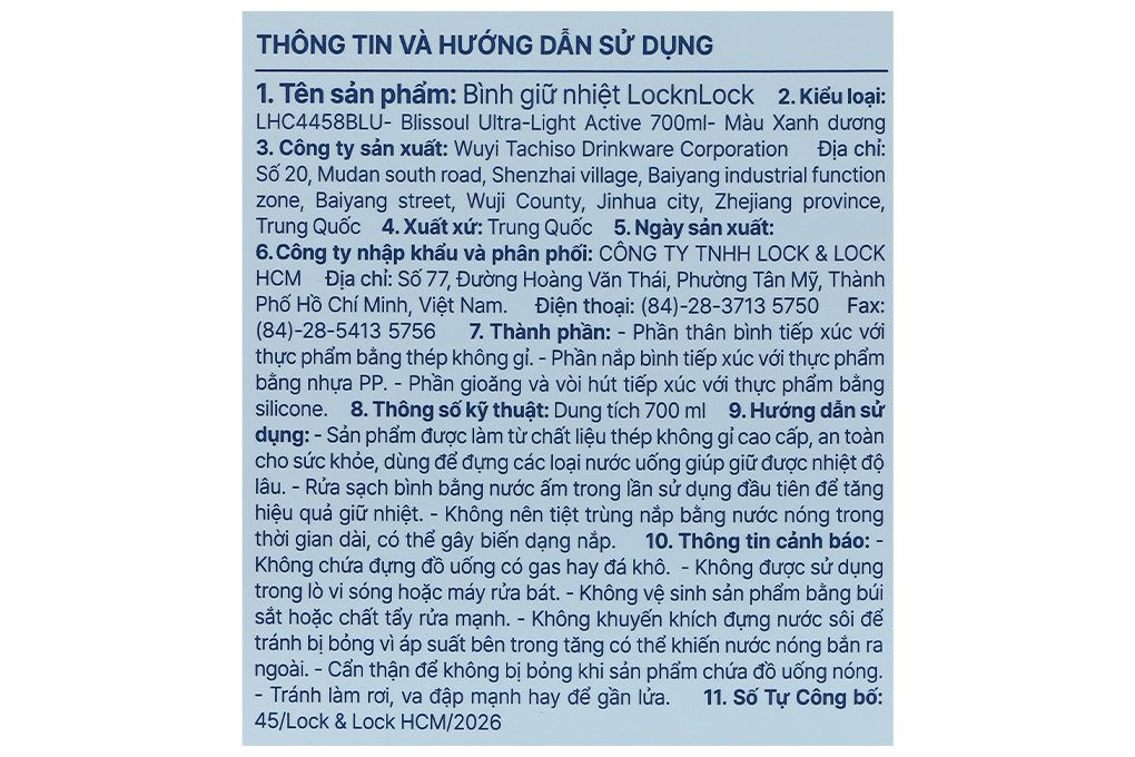 Bình giữ nhiệt Inox 700 ml Lock&Lock LHC4458BLU Màu Xanh Dương