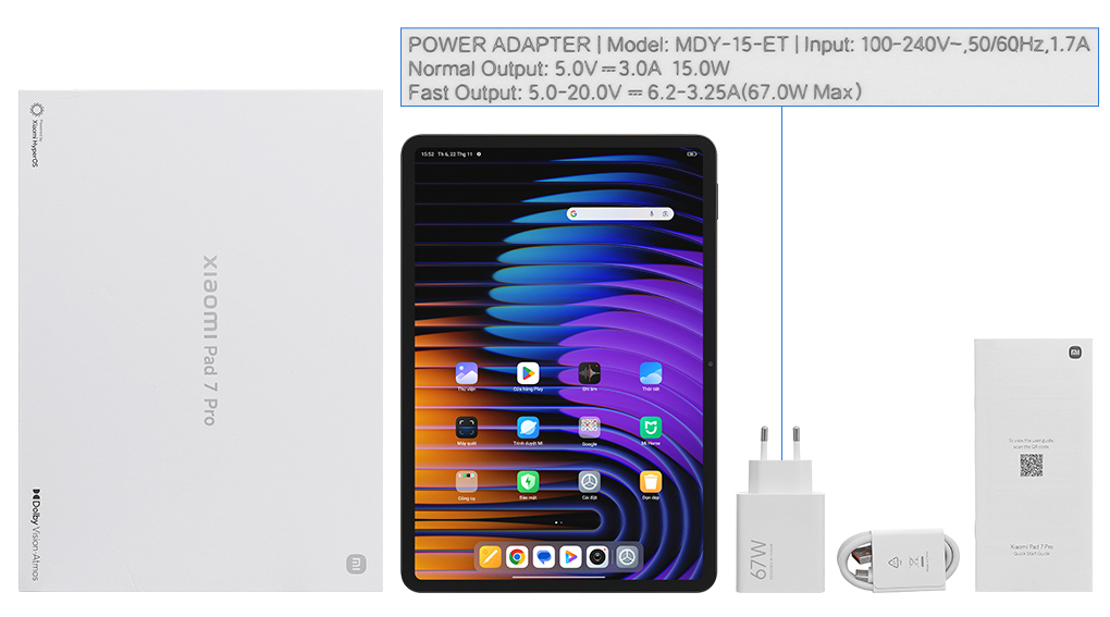 Bộ sản phẩm gồm: Sách hướng dẫn, Hộp máy, Cáp Type C - Type A, Củ sạc nhanh rời đầu Type A