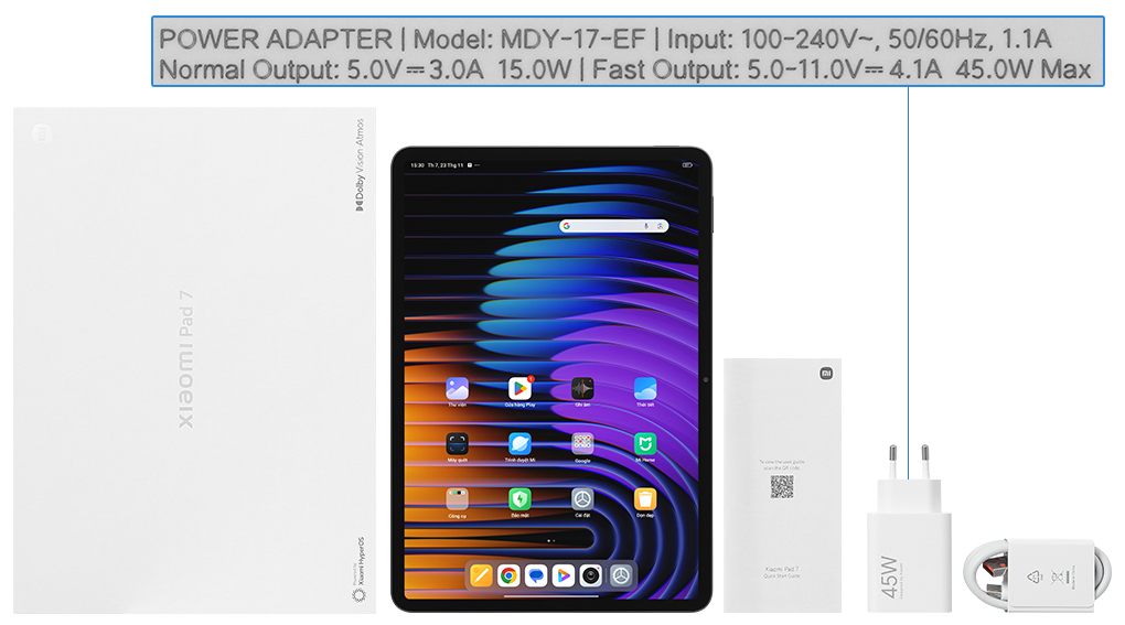 Bộ sản phẩm gồm: Sách hướng dẫn, Hộp máy, Cáp Type C - Type A, Củ sạc nhanh rời đầu Type A