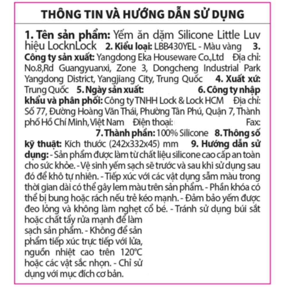 Yếm ăn dặm trẻ em Silicone LocknLock LBB430YEL