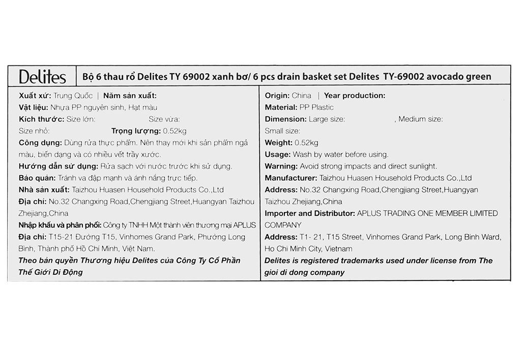 Bộ 6 thau rổ nhựa Delites TY-69002 Màu Xanh lá nhạt